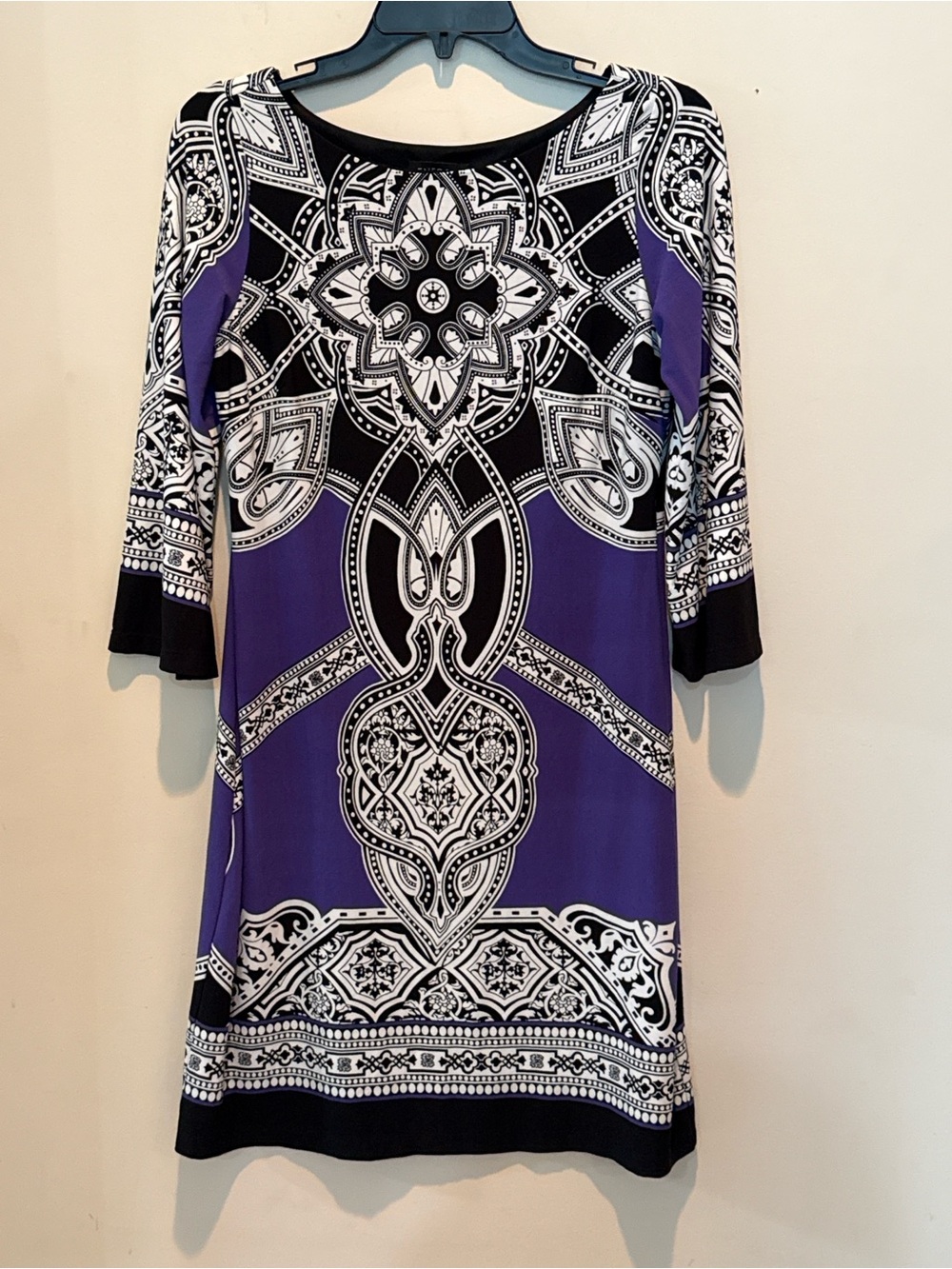 Enfocus Studio Purple, Black & White Printed Long Sleeve Shift Dress